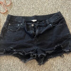 Black Jean Shorts with Distressed Hem